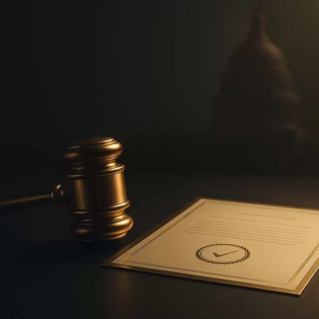Gold gavel and certificate with capitol silhouette, representing accredited investor rule updates and exam pathways
