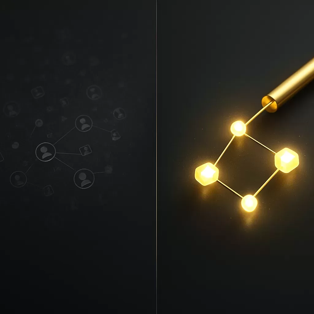 Minimal split image contrasting bulk cold leads with a focused stream of qualified accredited investors